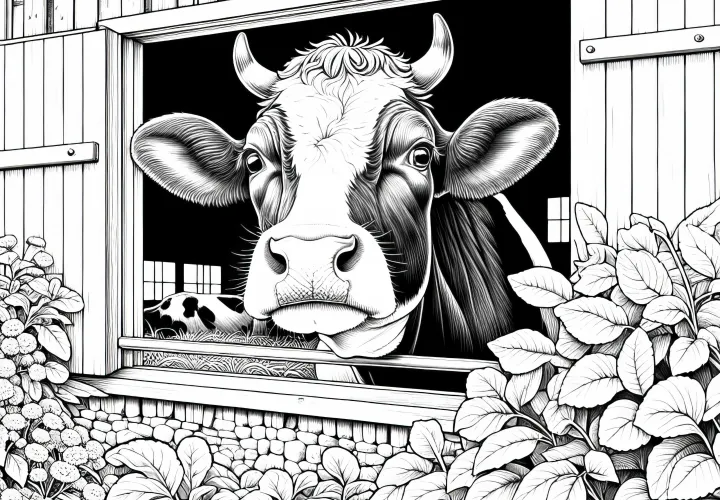 Koe kijkt uit het schuurvenster: Kleurplaat om te downloaden (Gratis)