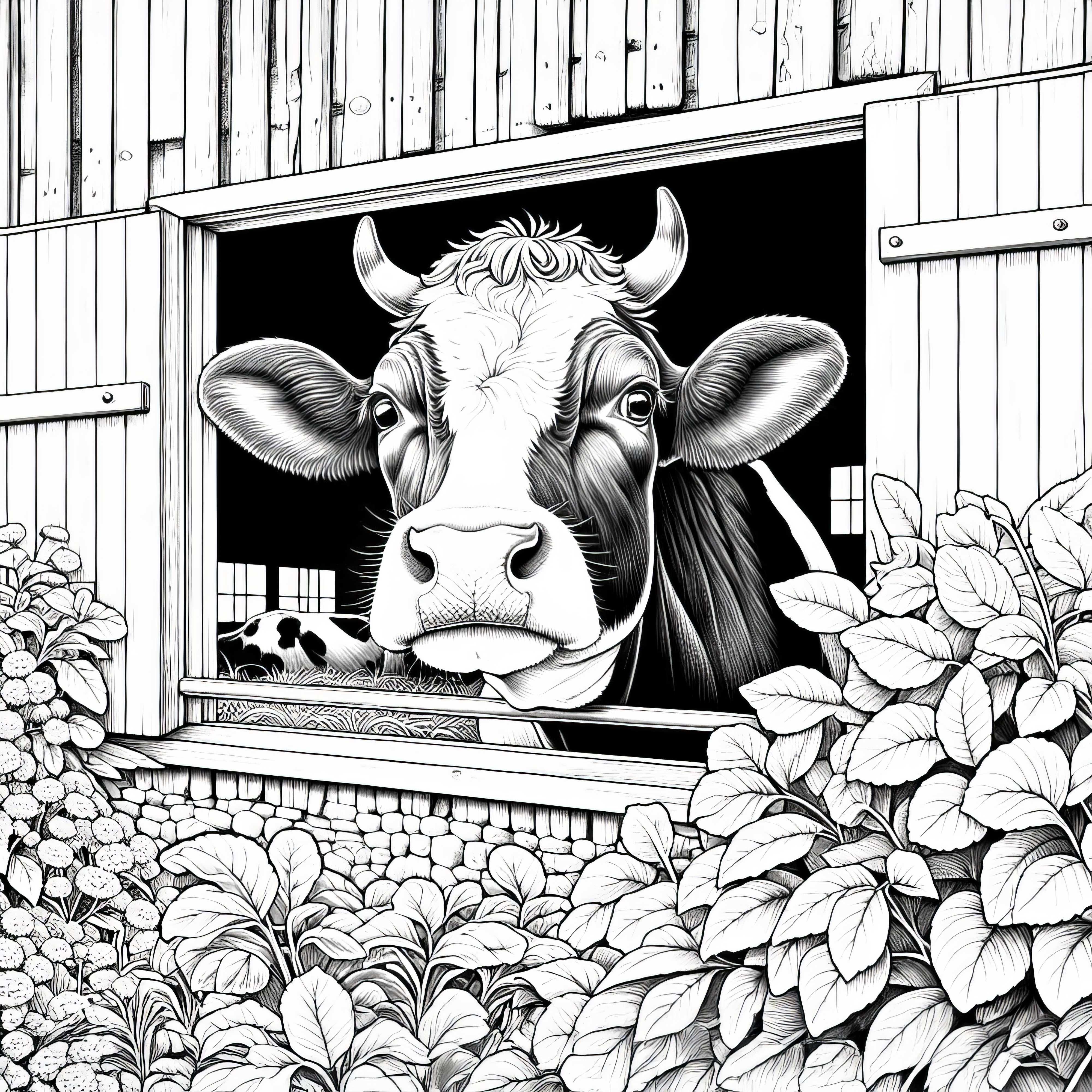 Vaca mira a través de la ventana de un granero: Plantilla para colorear para descargar (Gratis)