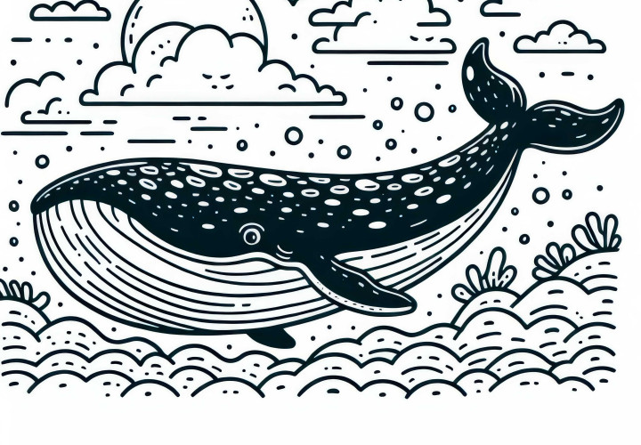 Giant blue whale swims in the ocean: Simple coloring template (Free) Giant blue whale swims in the ocean: Simple coloring template (Free)