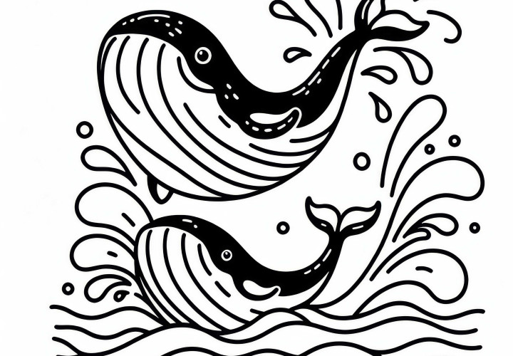 Two whales jump out of the water: Simple coloring template (Free) Two whales jump out of the water: Simple coloring template (Free)