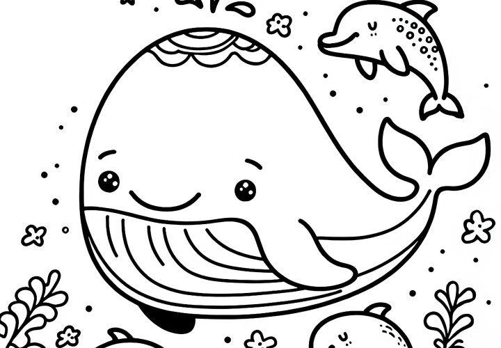 Friendly whale with dolphins: Simple coloring template (Free) Friendly whale with dolphins: Simple coloring template (Free)