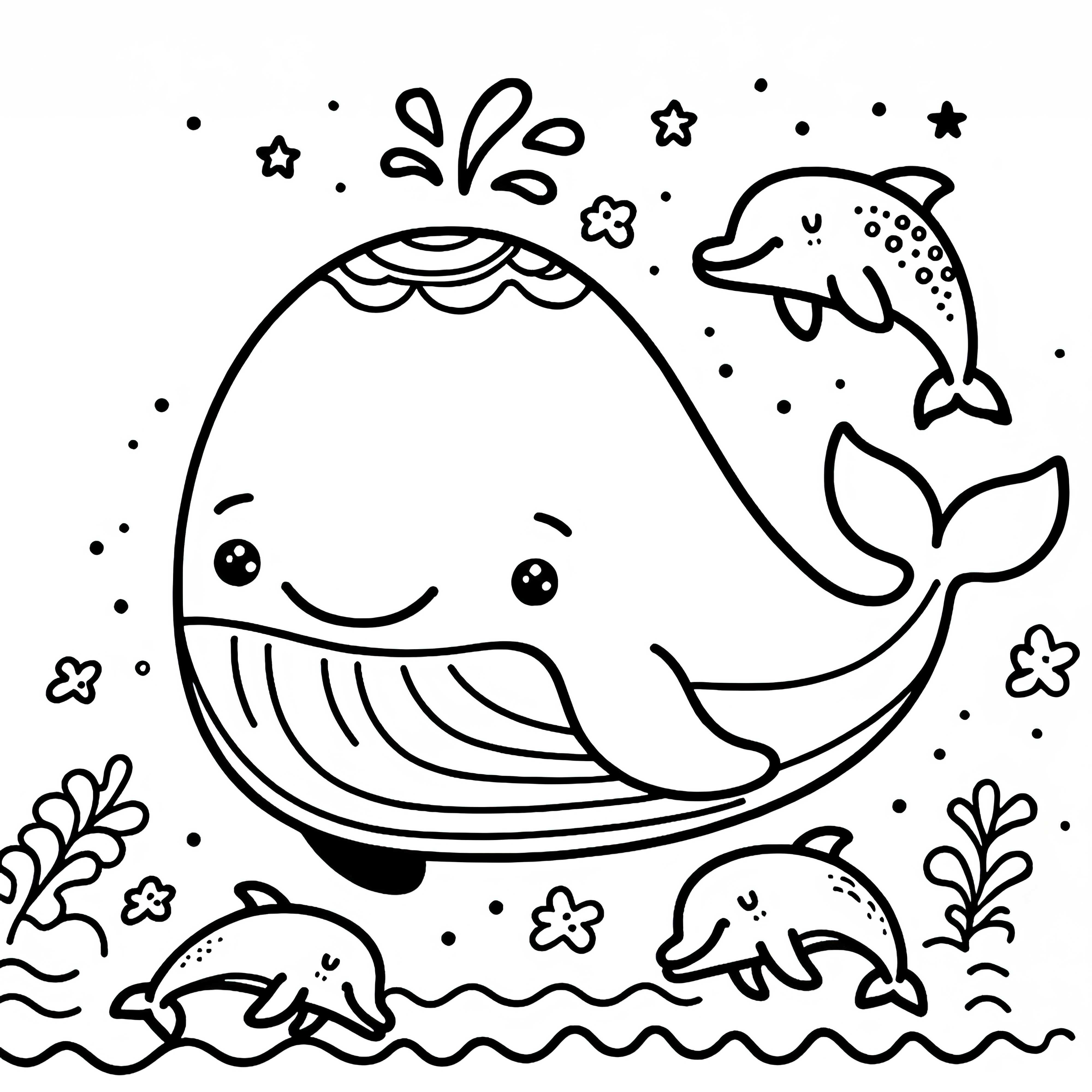 Friendly whale with dolphins: Simple coloring template (Free)