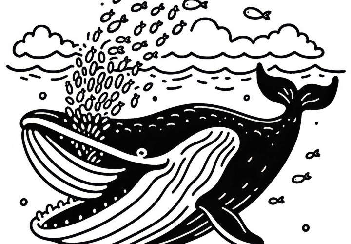 Whale with open mouth filters plankton from water: Simple coloring template (Free) Whale with open mouth filters plankton from water: Simple coloring template (Free)