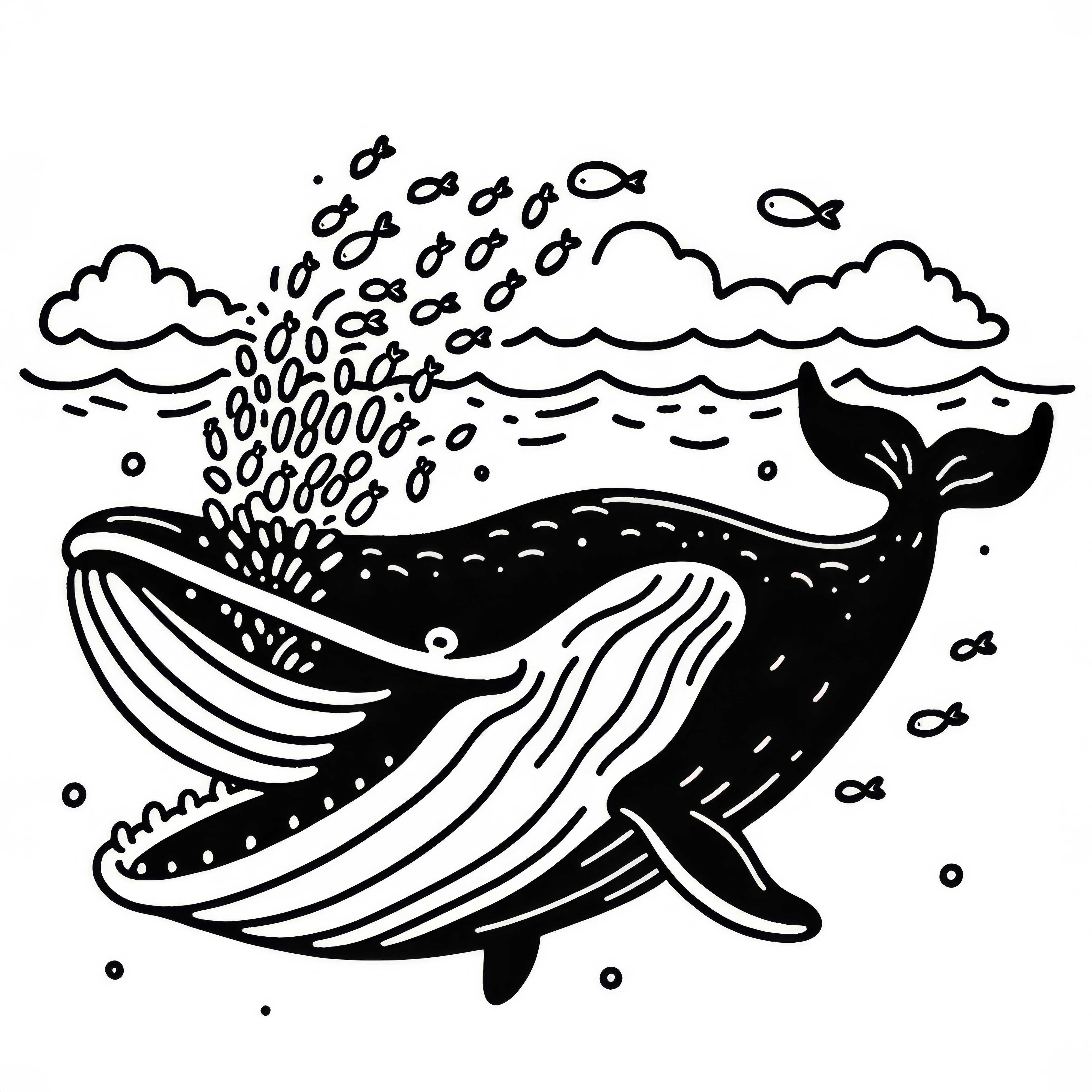 Whale with open mouth filters plankton from water: Simple coloring template (Free)