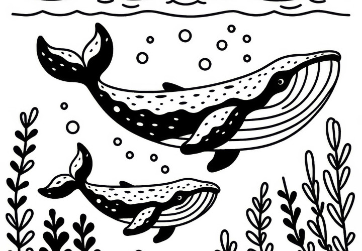 Whale with Calf Swims Through the Sea: Simple Coloring Template (Free) Whale with calf swims through the sea: Simple coloring template (Free)
