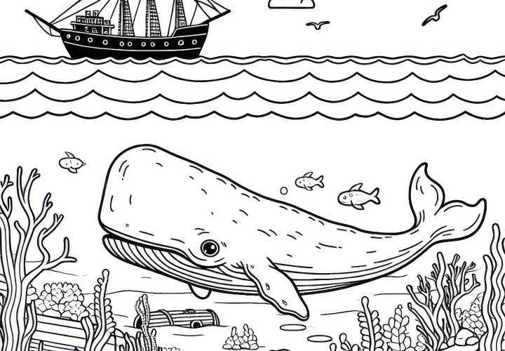 Sperm whale swims in the sea: Simple coloring page (Free) Sperm whale swims in the sea: Simple coloring template (Free)