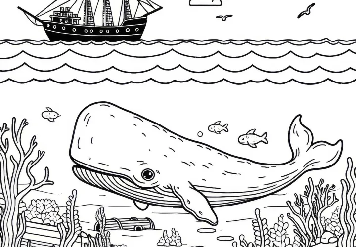 Sperm whale swims in the sea: Simple coloring page (Free)
