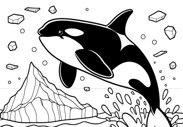 Orca whale jumps out of the water in front of ice floe: Simple coloring page (Free) Orca whale jumping out of water in front of an ice floe: Simple coloring template (Free)