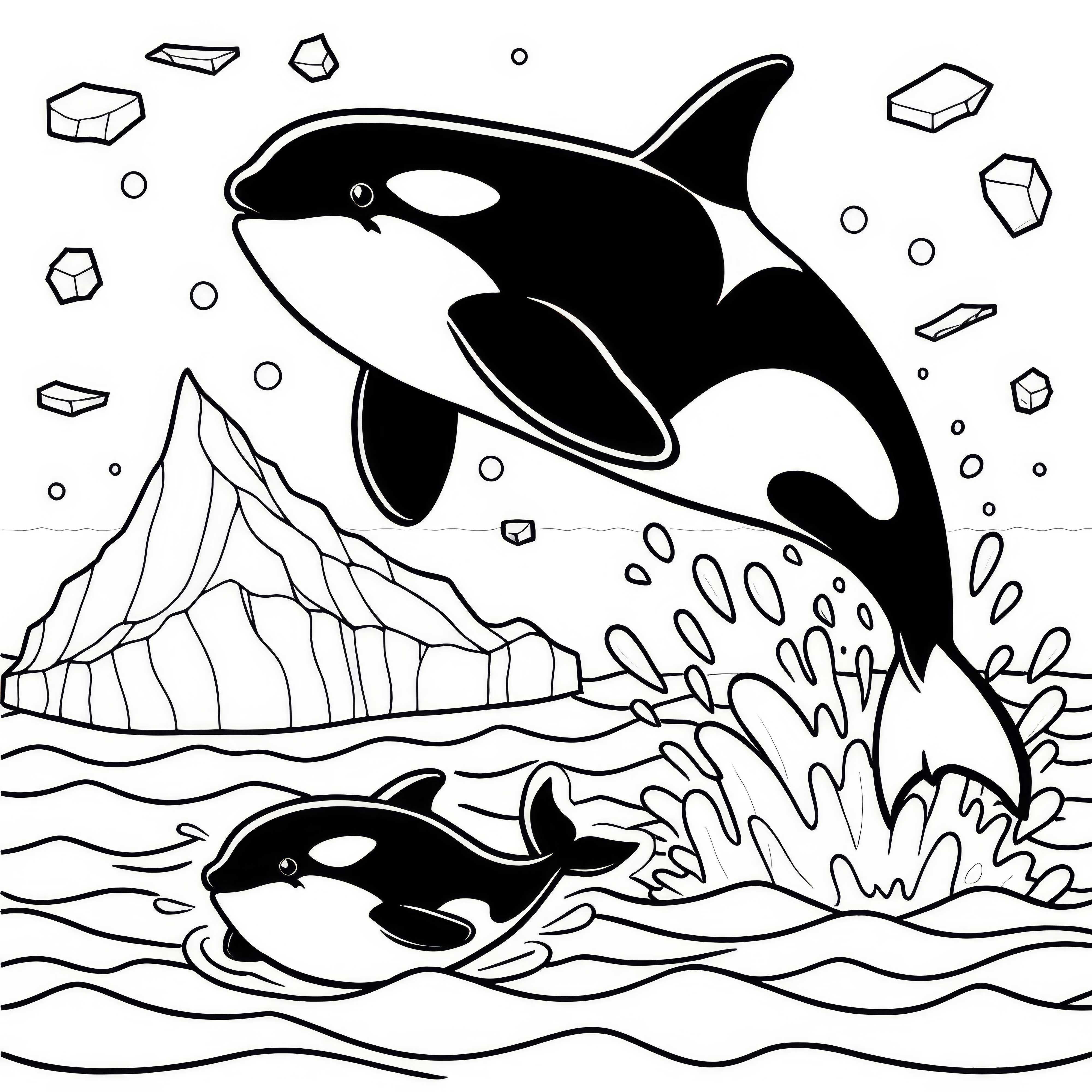Orca whale jumps out of the water in front of an ice floe: Simple coloring template (Free)