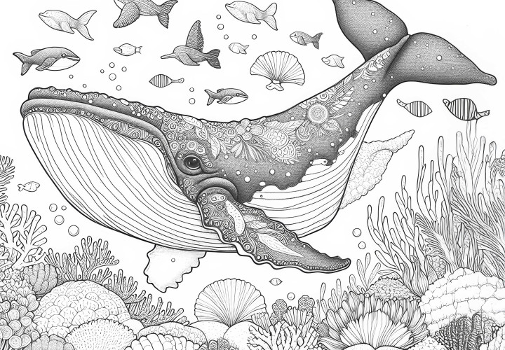 Detailed whale coloring template in underwater landscape (Free) Detailed whale coloring template in underwater landscape (Free)