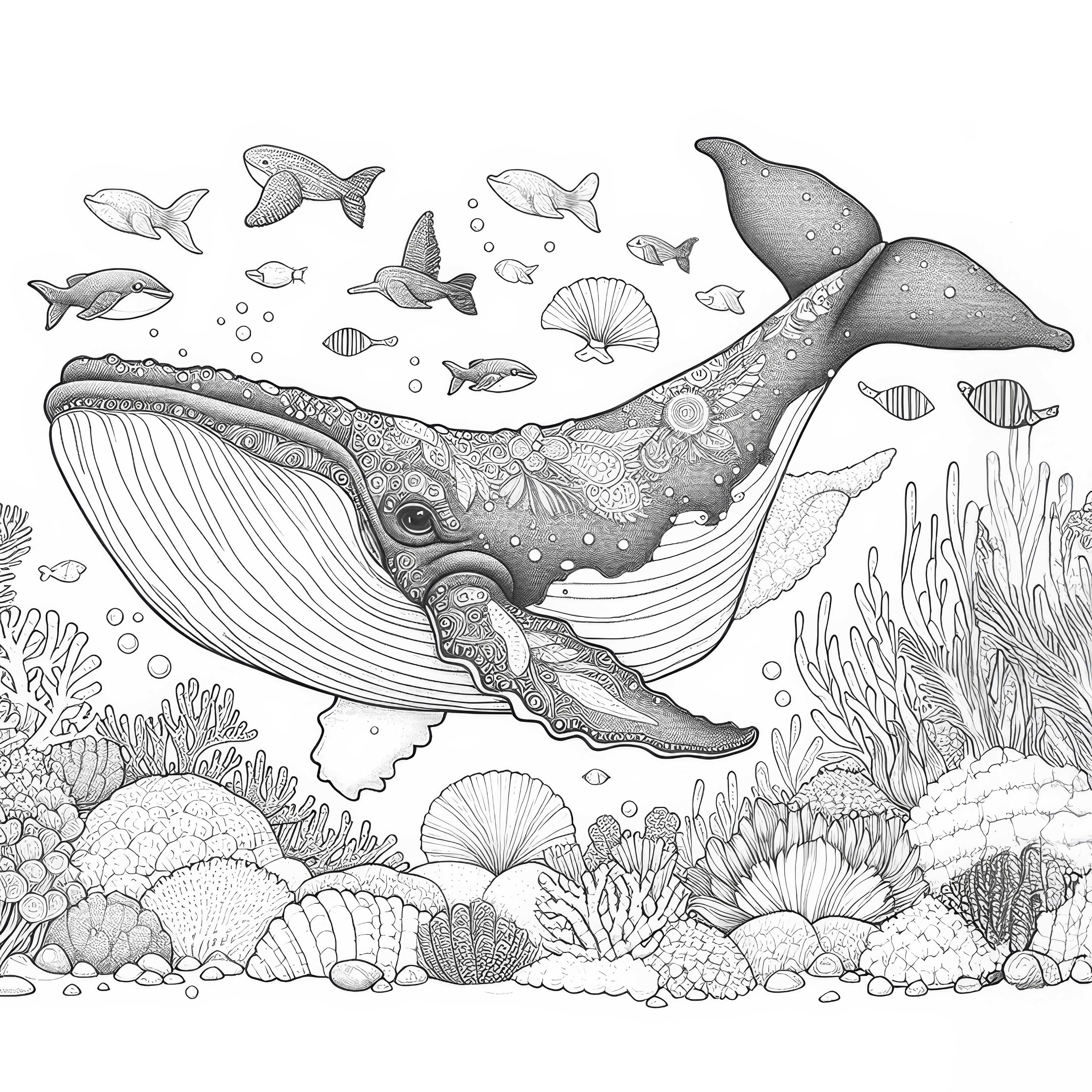 Detailed whale coloring template in underwater landscape (Free)
