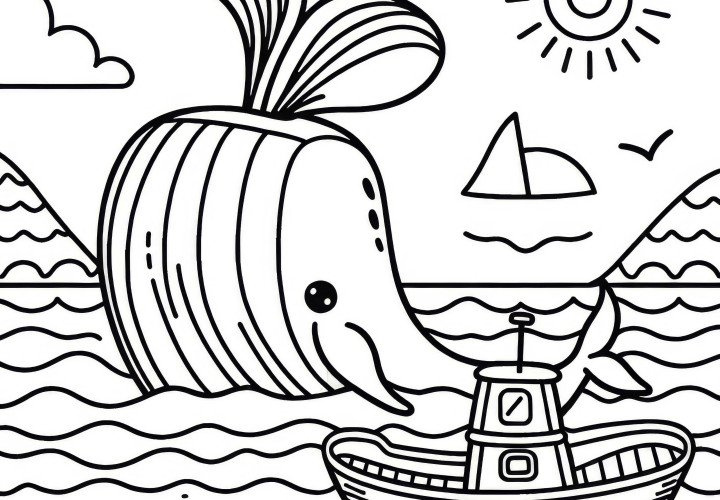 Whale greets a boat with its fin: Coloring page to download (Free) Whale greets a boat with its fin: Coloring page to download (Free)