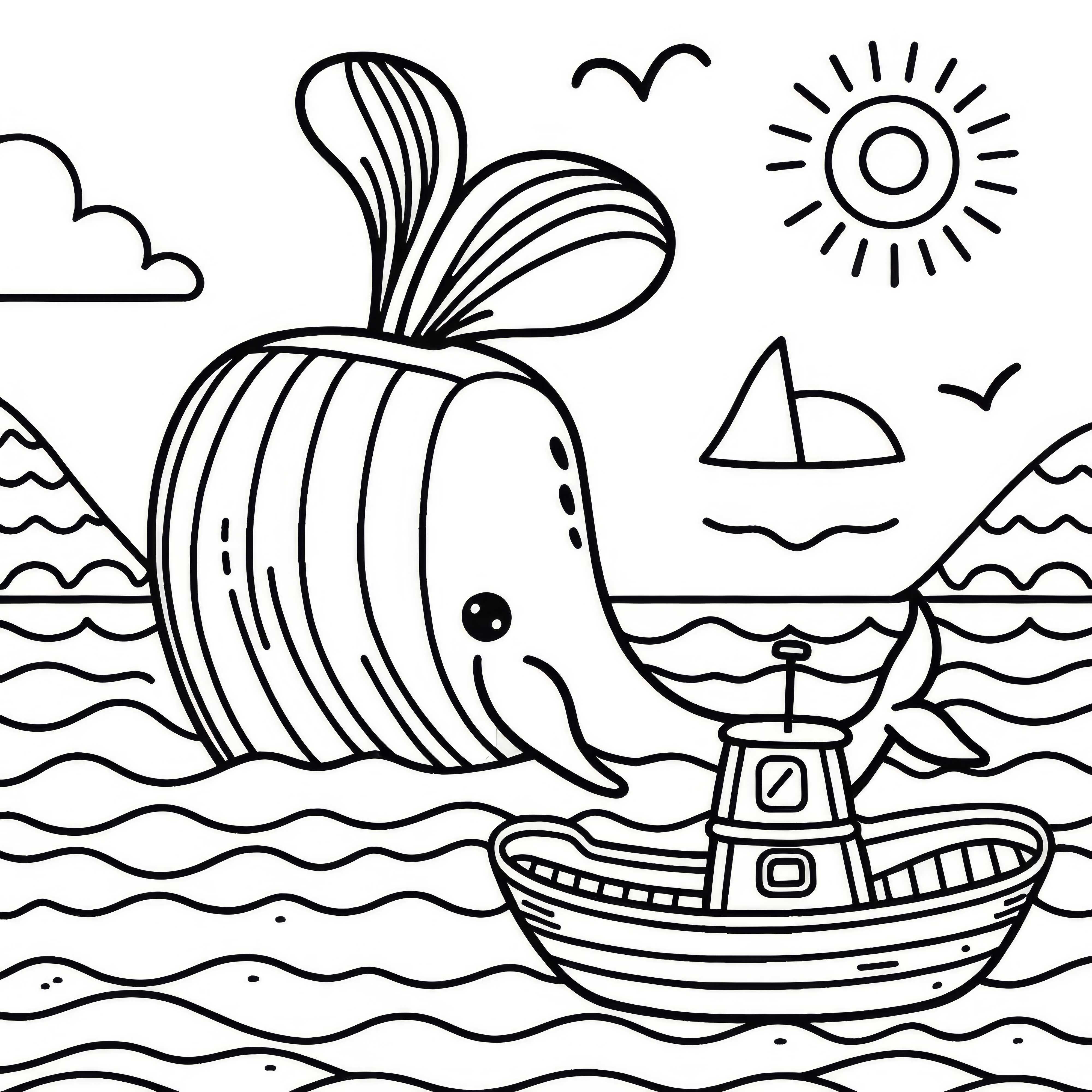 Whale greets a boat with its fin: Coloring page to download (Free)