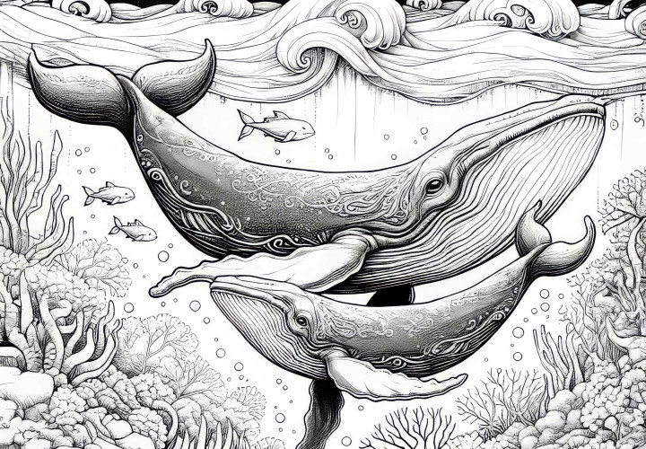 Whale with calf swims in the sea: Coloring page for download (Free) Whale with calf swims in the sea: Coloring template to download (Free)
