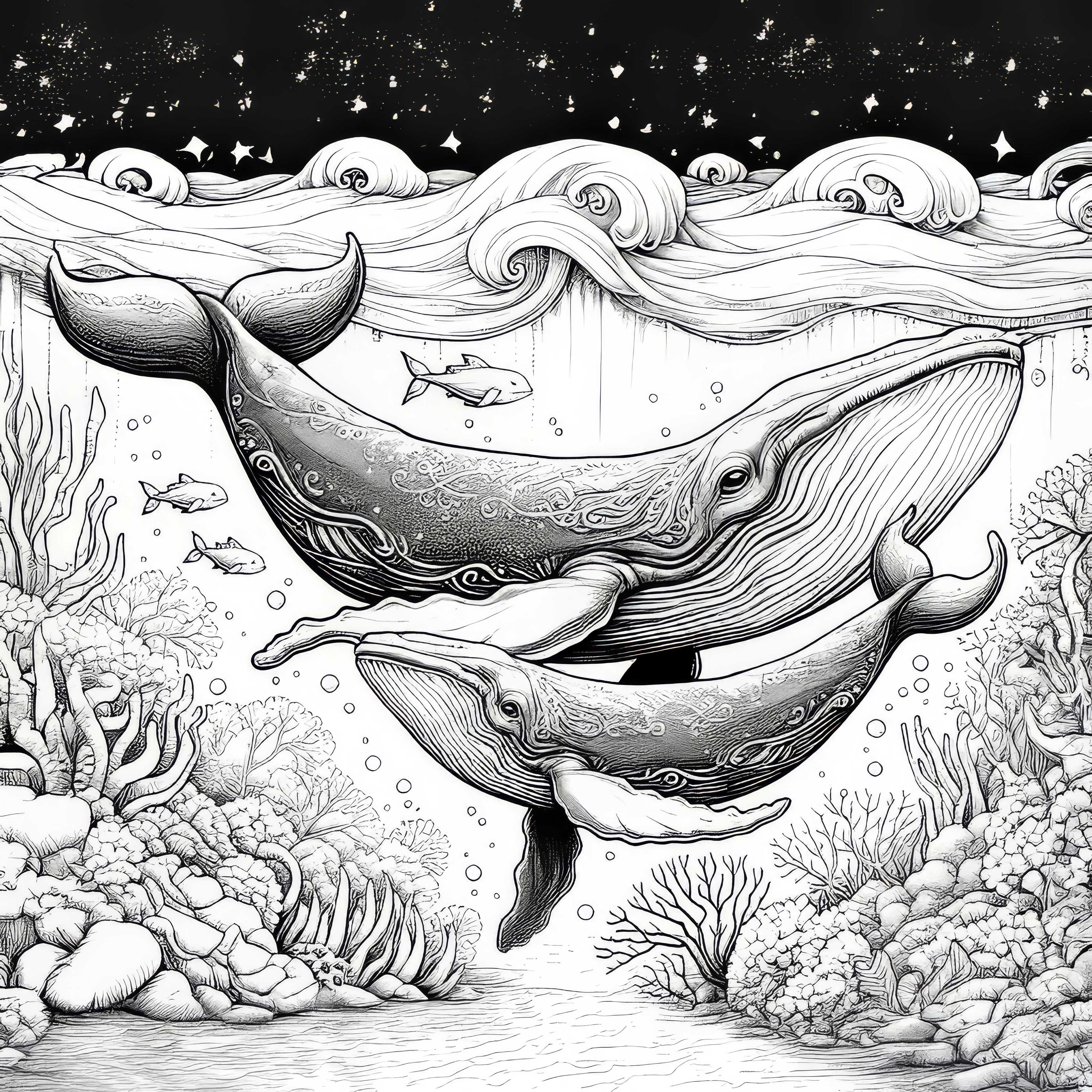 Whale with calf swims in the sea: Coloring template for downloading (Free)