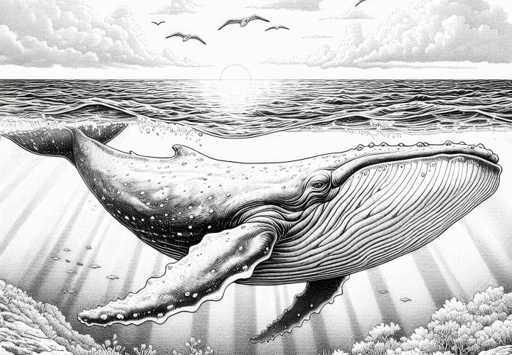 Giant blue whale swimming in the ocean: Coloring page to download (Free) Giant blue whale swims in the ocean: Coloring page to download (Free)