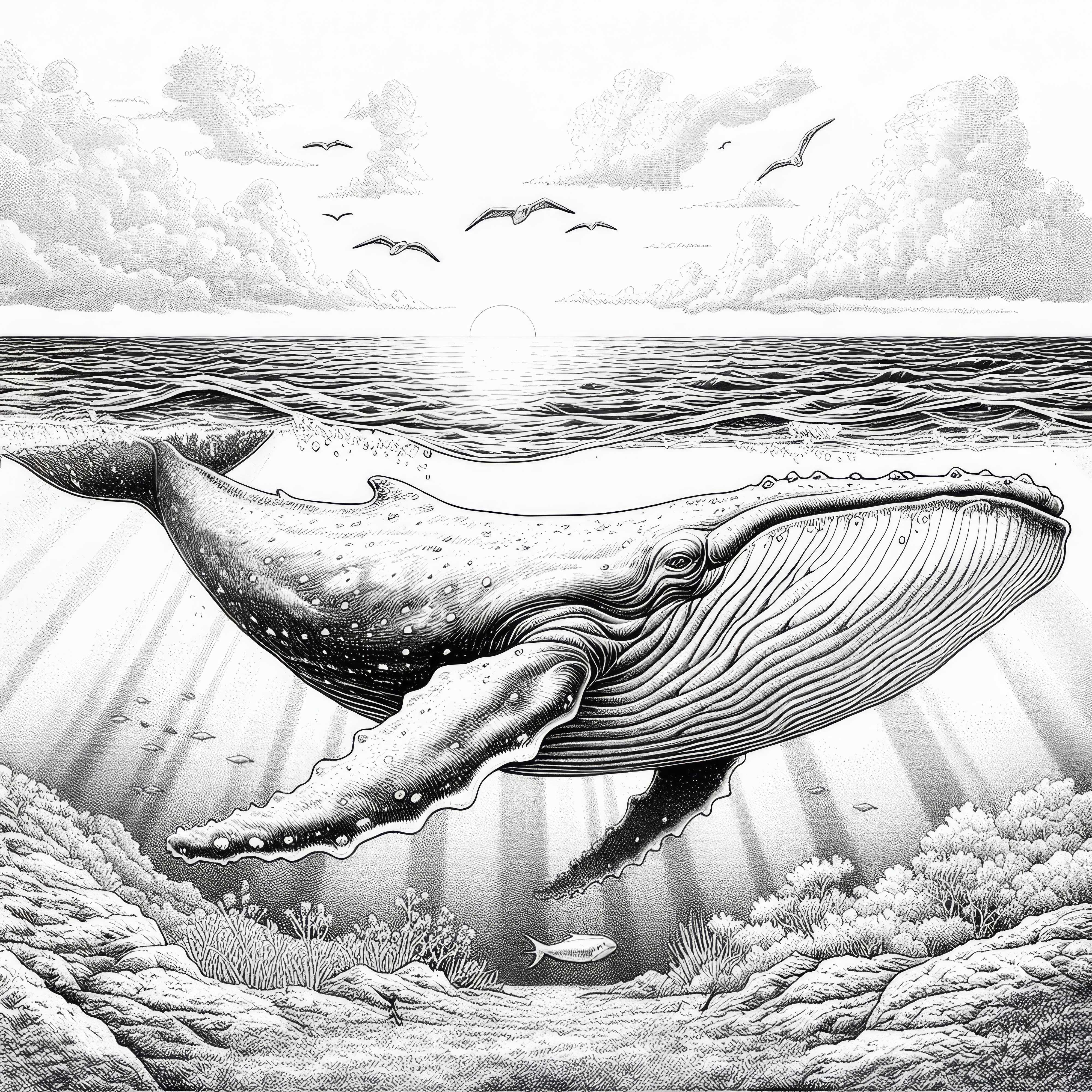 Giant blue whale swims majestically in the ocean: Coloring page to download (Free)