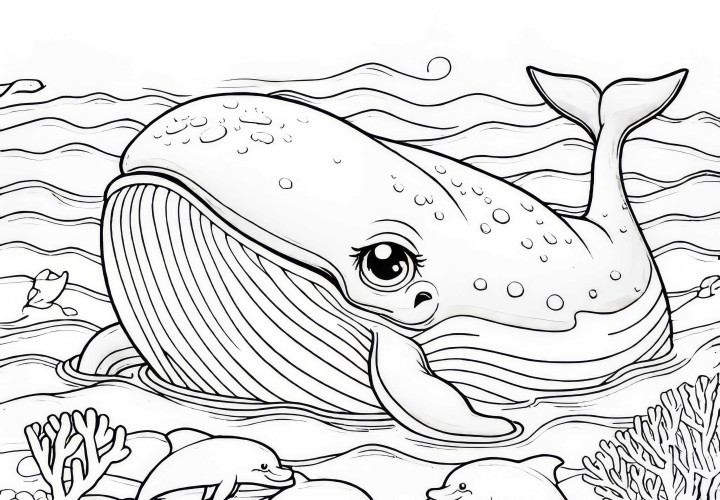 Whale with Dolphins: Coloring Page for Download (Free) Whale with Dolphins: Coloring Page for Download (Free)