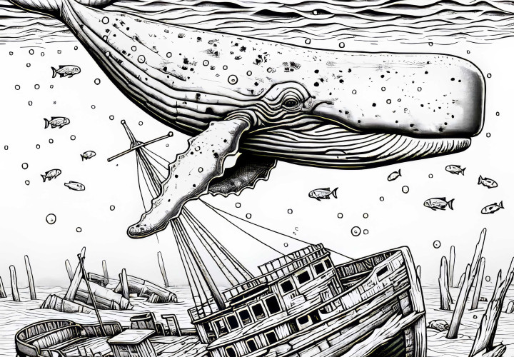 Sperm whale swims over shipwreck: Coloring page for download (Free) Sperm whale swims over shipwreck: Coloring page to download (Free)