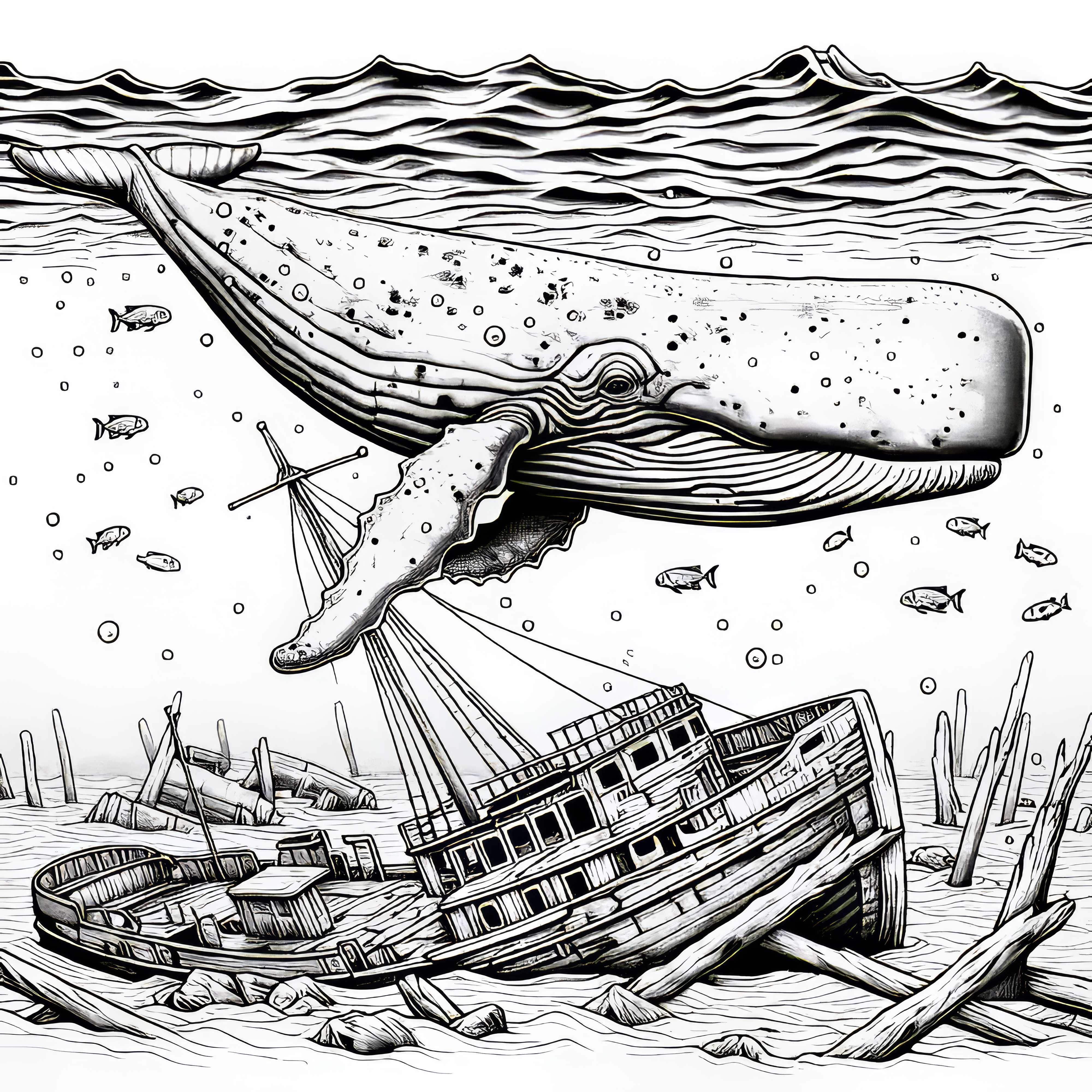Sperm whale swims over shipwreck: Coloring page for download (Free)