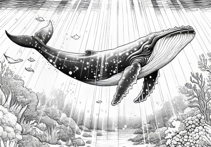 Whale in the Depths of the Ocean: Coloring Template for Download (Free) Whale in the Depths of the Sea: Coloring Page for Download (Free)