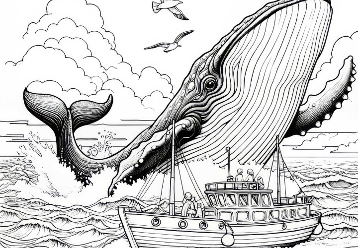 Wal waves with its fin towards a boat: Coloring page to download (Free) Wal waves with its fin towards a boat: Coloring page to download (Free)