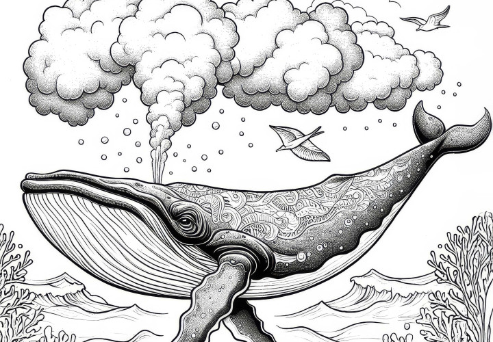 Whale spouts fountain from blowhole: Detailed coloring page (Free) Whale blows fountain from blowhole: Detailed coloring page (Free)