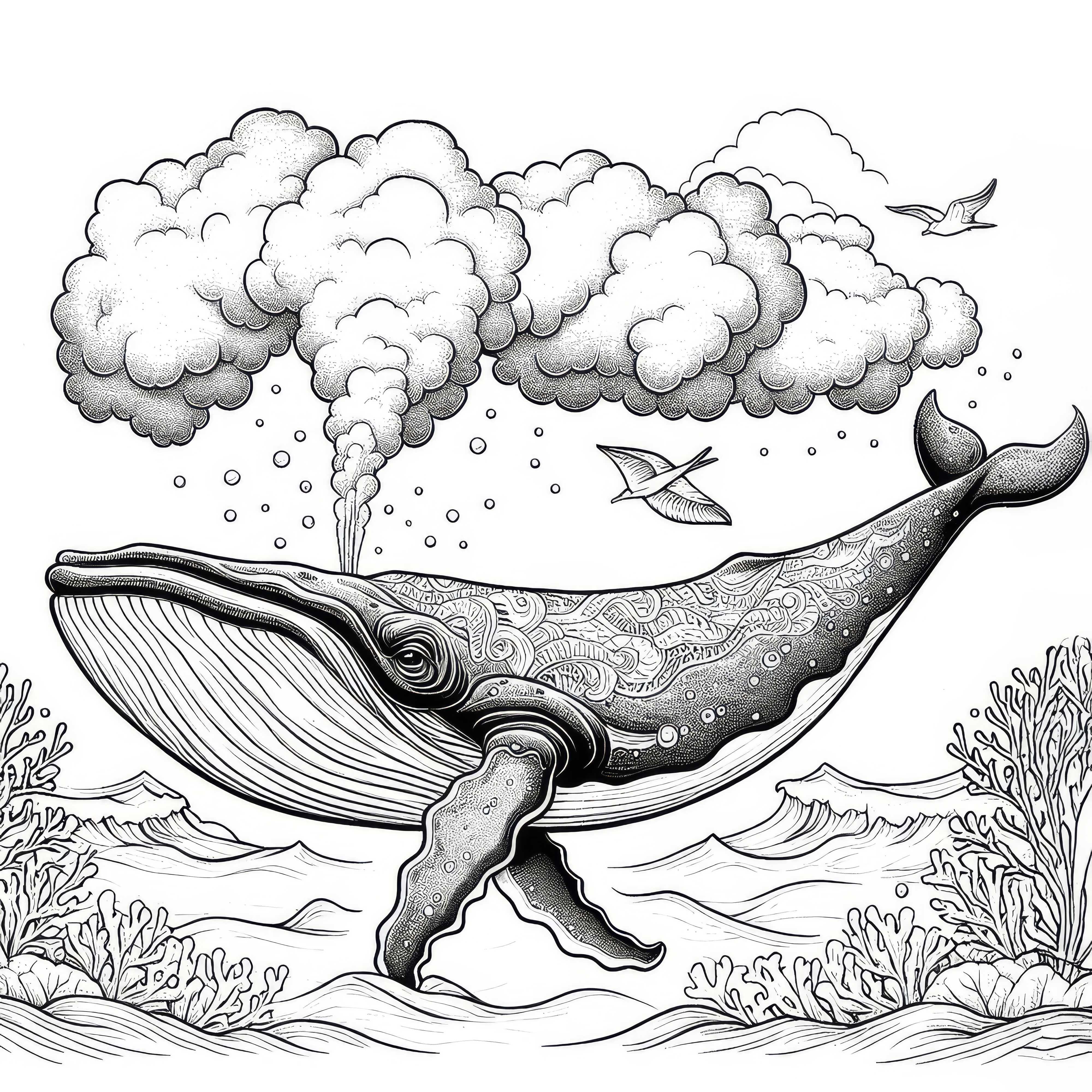 Whale blows fountains from blowhole: Detailed coloring page (Free)