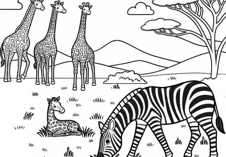 Zebra, arka planda zürafalar ile birlikte savanada sakin bir şekilde otluyor: Basit boyama resmi (Ücretsiz) Zebra, arka planda zürafalarla birlikte savanada huzur içinde otluyor: Basit boyama sayfası (Ücretsiz)