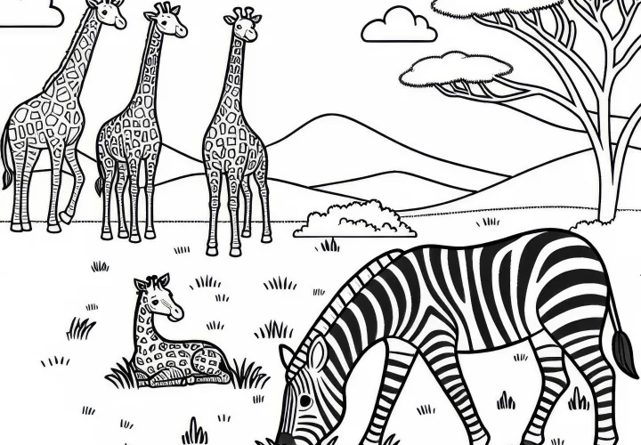 Cebra pastando pacíficamente en la sabana con jirafas de fondo: Dibujo para colorear sencillo (Gratis)