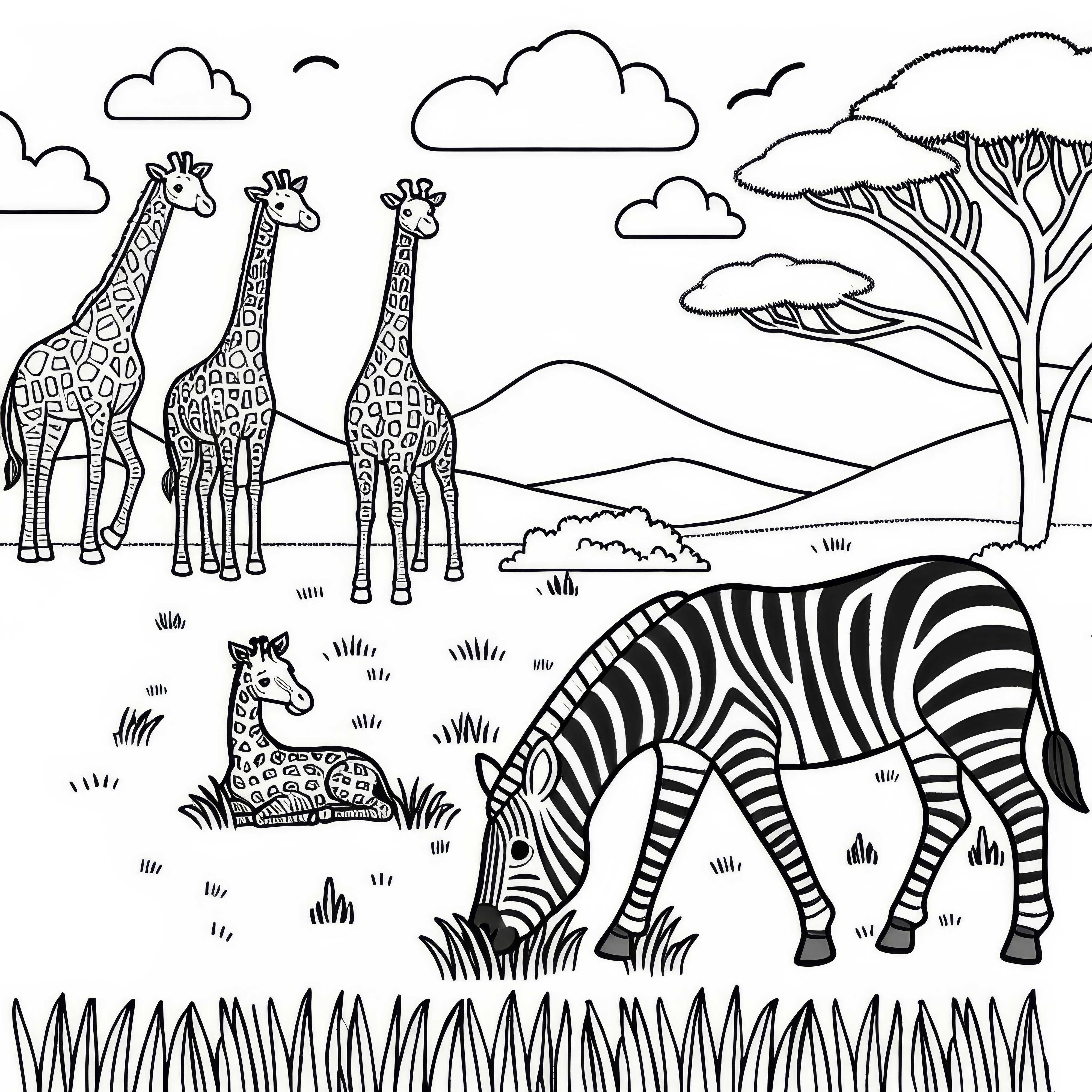 Zebra spokojnie pasie się na sawannie z żyrafami w tle: Prosty rysunek do pokolorowania (Darmowy)