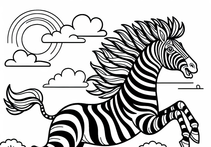 Zebra, geniş steplikte dört nala koşuyor: Basit boyama sayfası (Ücretsiz) Zebra geniş stepler üzerinde galop yapıyor: Basit Boyama Sayfası (Ücretsiz)
