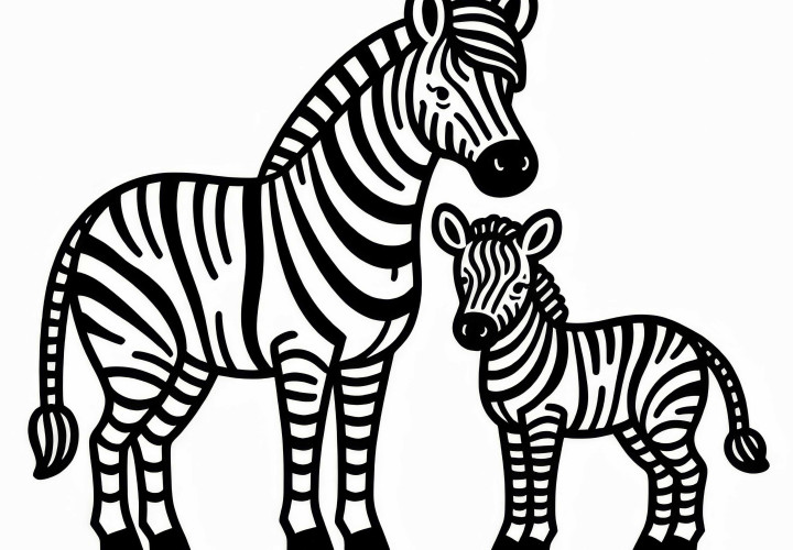 Zebra-matka z źrebakiem: Prosty obrazek do kolorowania (Darmowy)