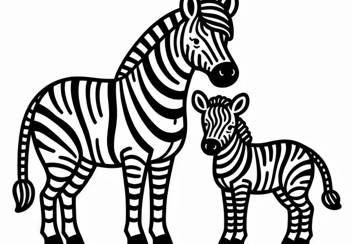 Madre cebra con potrillo: Imagen para colorear sencilla (Gratis)