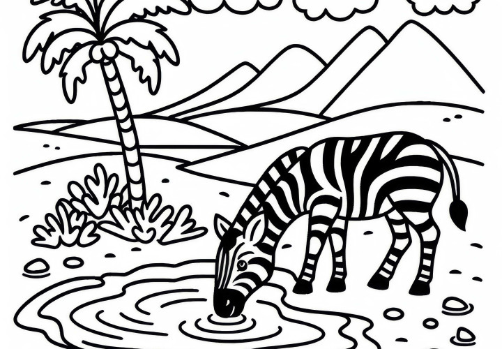 Zebra, vahayı su içiyor: Basit boyama sayfası (Ücretsiz) Zebra, vahayı su içiyor: Basit boyama sayfası (Ücretsiz)