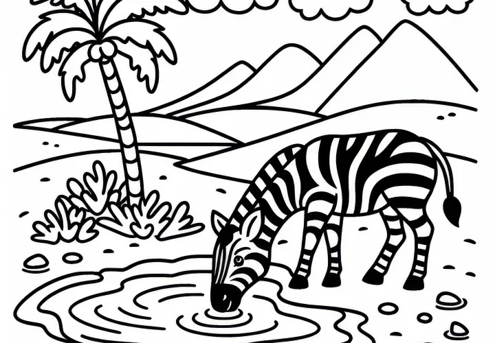 Cebra bebiendo agua en la oasis: Dibujo para colorear sencillo (Gratis)