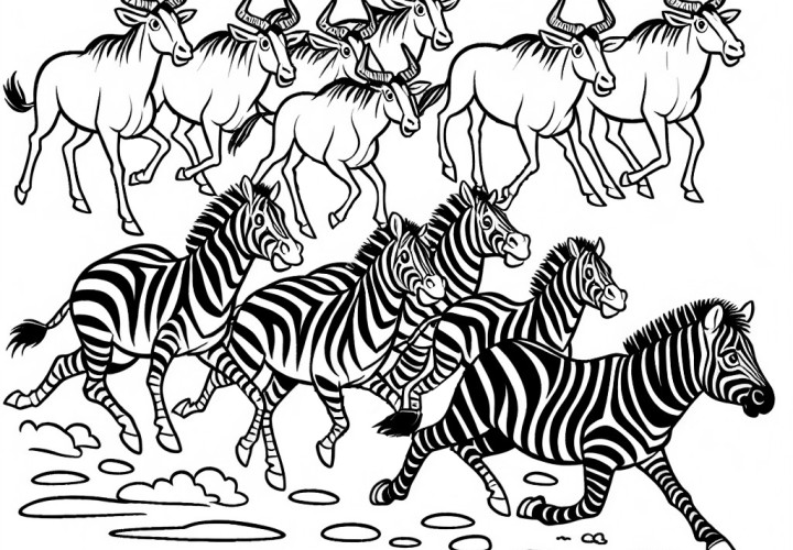 Zebry uciekają przed stadem gnu: Prosty obrazek do pokolorowania (Darmowy)