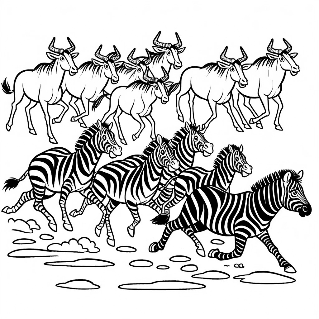 Zebry uciekają przed stadem gnu: Prosty obrazek do pokolorowania (Darmowe)