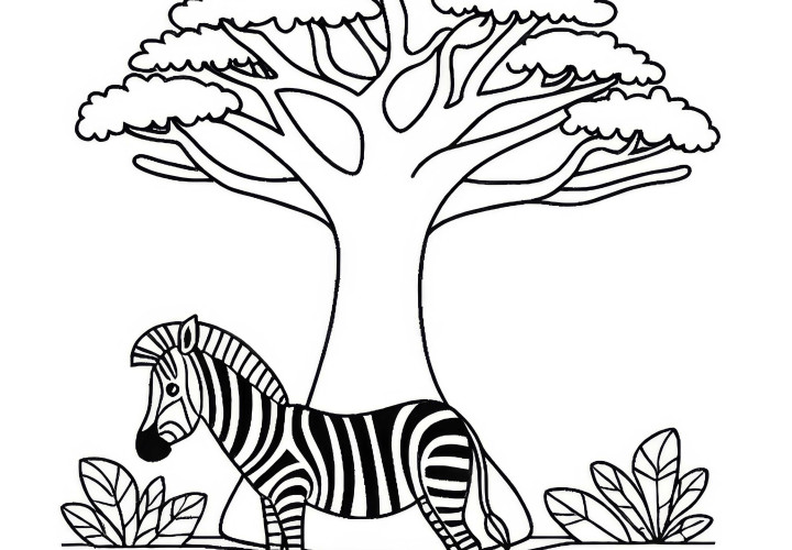 Zebra, Baobab ağacının önünde: Basit boyama sayfası (Ücretsiz) Zebra, Baobab ağacının önünde: Basit boyama şablonu (Ücretsiz)