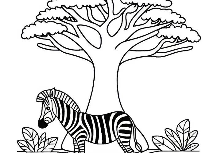 Cebra frente al árbol Baobab: Plantilla de dibujo sencilla (Gratis)