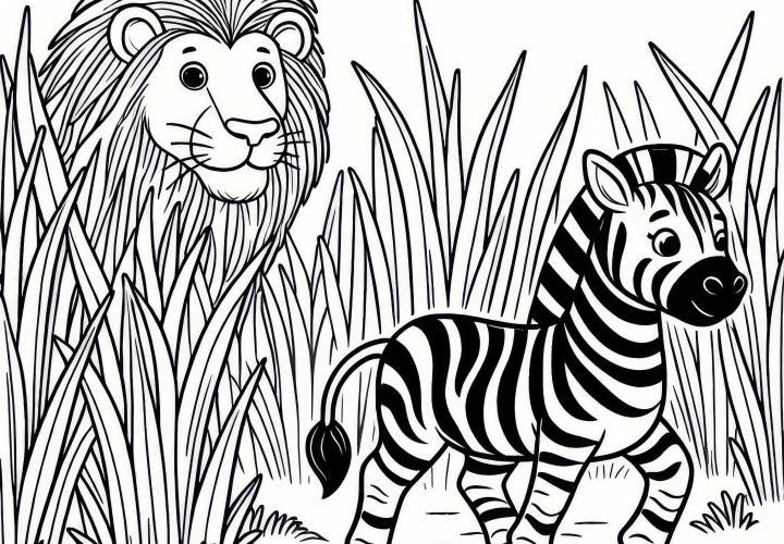 Zebra biega przez wysokie trawy, pod obserwacją lwa: Prosty rysunek do kolorowania (Darmowy)