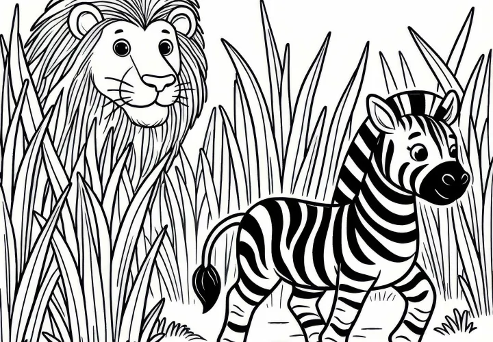 Cebra corre a través de altas hierbas, bajo la observación de un león: Plantilla de dibujos para colorear simple (Gratis)