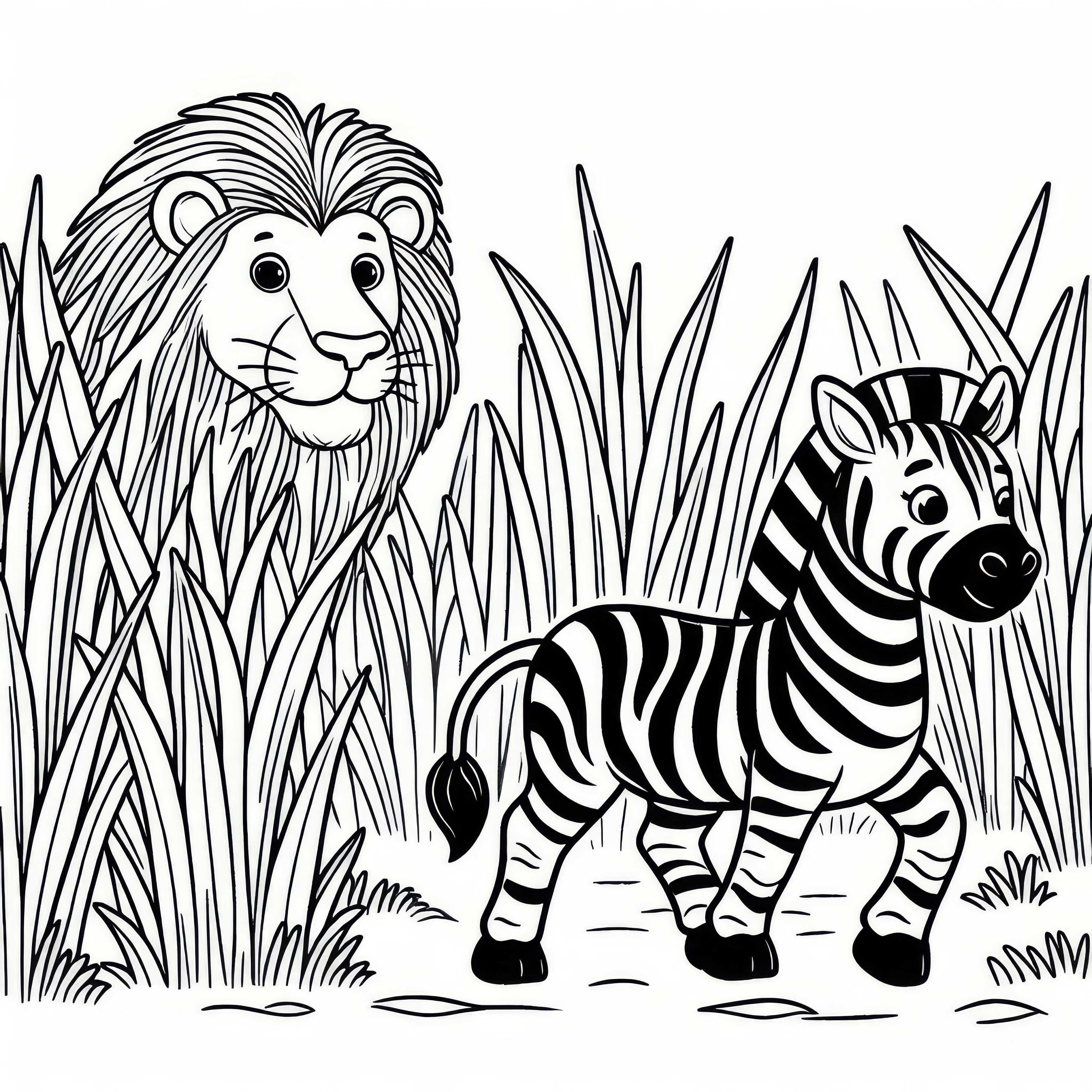 Zebra przechodzi przez wysokie trawy, pod obserwacją lwa: Prosta kolorowanka (Darmowa)