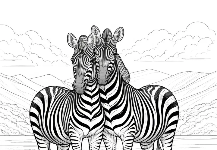 Dos cebras en un paisaje natural: Plantilla para colorear para descargar (Gratis)