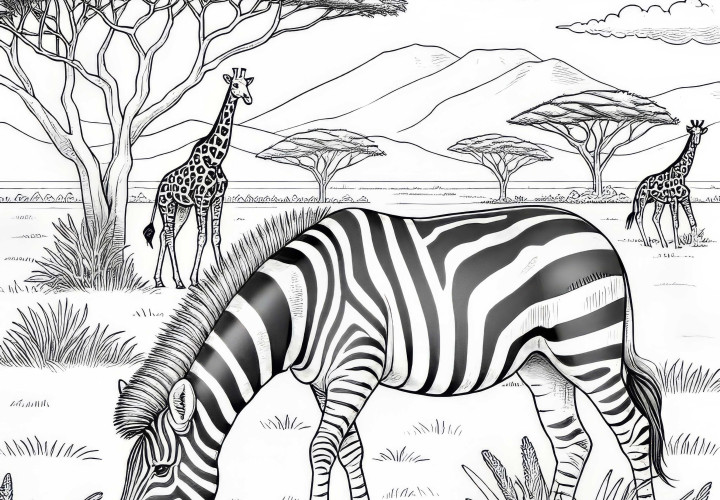 Zebra pasie się na sawannie z żyrafami w tle: Realistyczny obrazek do kolorowania (Darmowy) Zebra pasie się na sawannie z żyrafami w tle: Realistyczny obrazek do kolorowania (Darmowy)