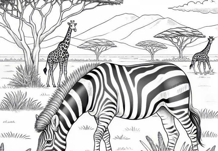 Cebra pastando en la sabana con jirafas al fondo: Dibujo para colorear realista (Gratis)