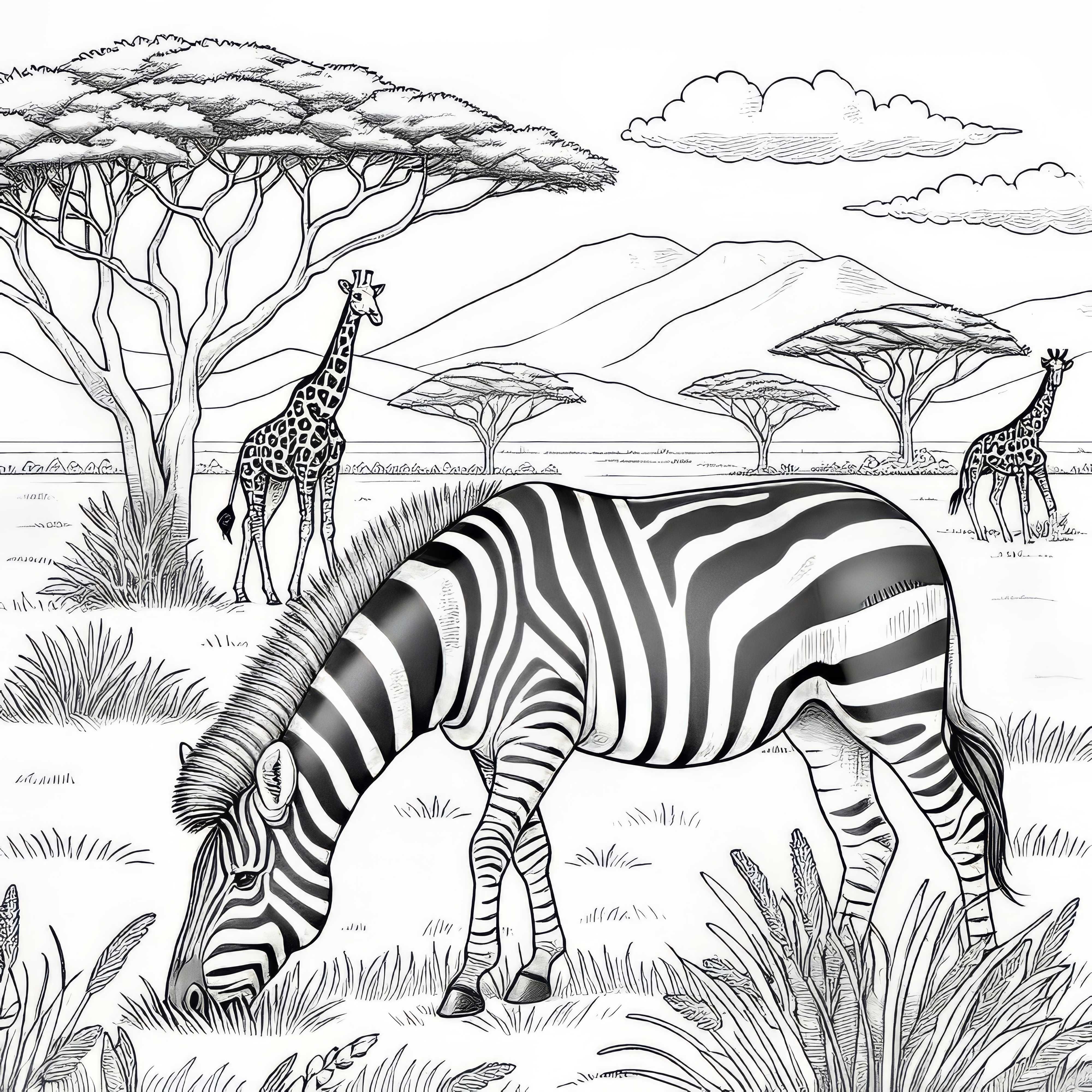 Zebra, arka planda zürafalarla birlikte savanada otluyor: Gerçekçi boyama sayfası (Ücretsiz)