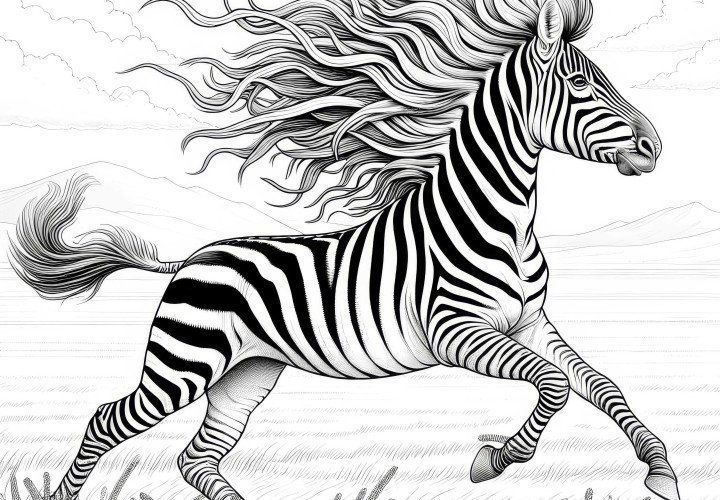 Zebra, rüzgarda savrulan yelesiyle geniş bozkırda dörtnala koşuyor: İndirilebilir boyama sayfası (Ücretsiz) Sırtında dalgalanan yelesiyle zebra geniş bozkırda dört nala koşuyor: Ücretsiz indirme için boyama sayfası