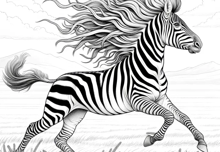 Cebra galopa con la melena ondeando por la vasta estepa: Imagen para colorear para descargar (Gratis)