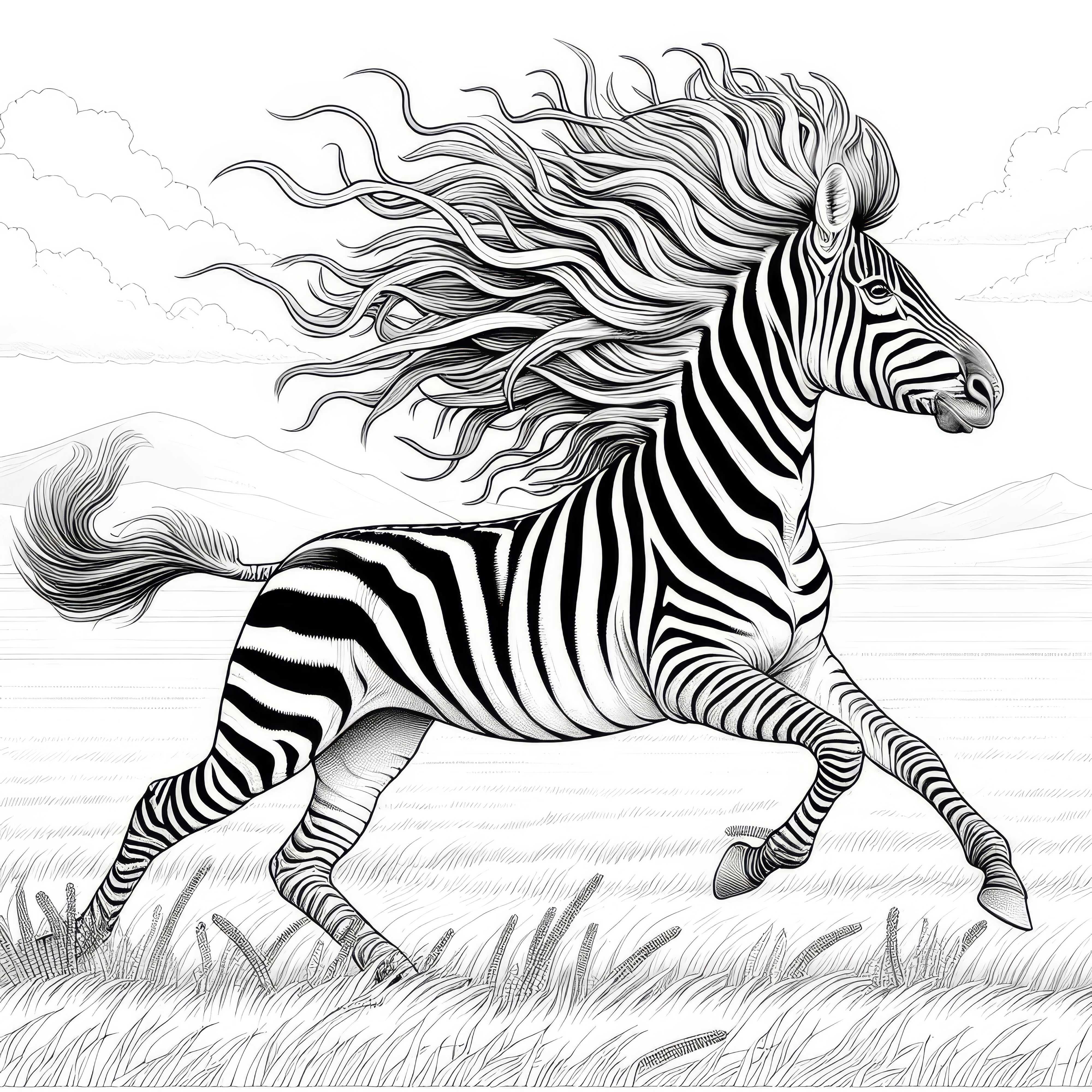 Zebra galopuje z powiewającą grzywą przez rozległe stepy: Kolorowanka do pobrania (za darmo)